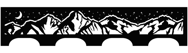 A round, black steel fire pit with a laser-cut design featuring a mountain range, crescent moon, and stars. The intricate metalwork creates a scenic outdoor theme, perfect for nature lovers.